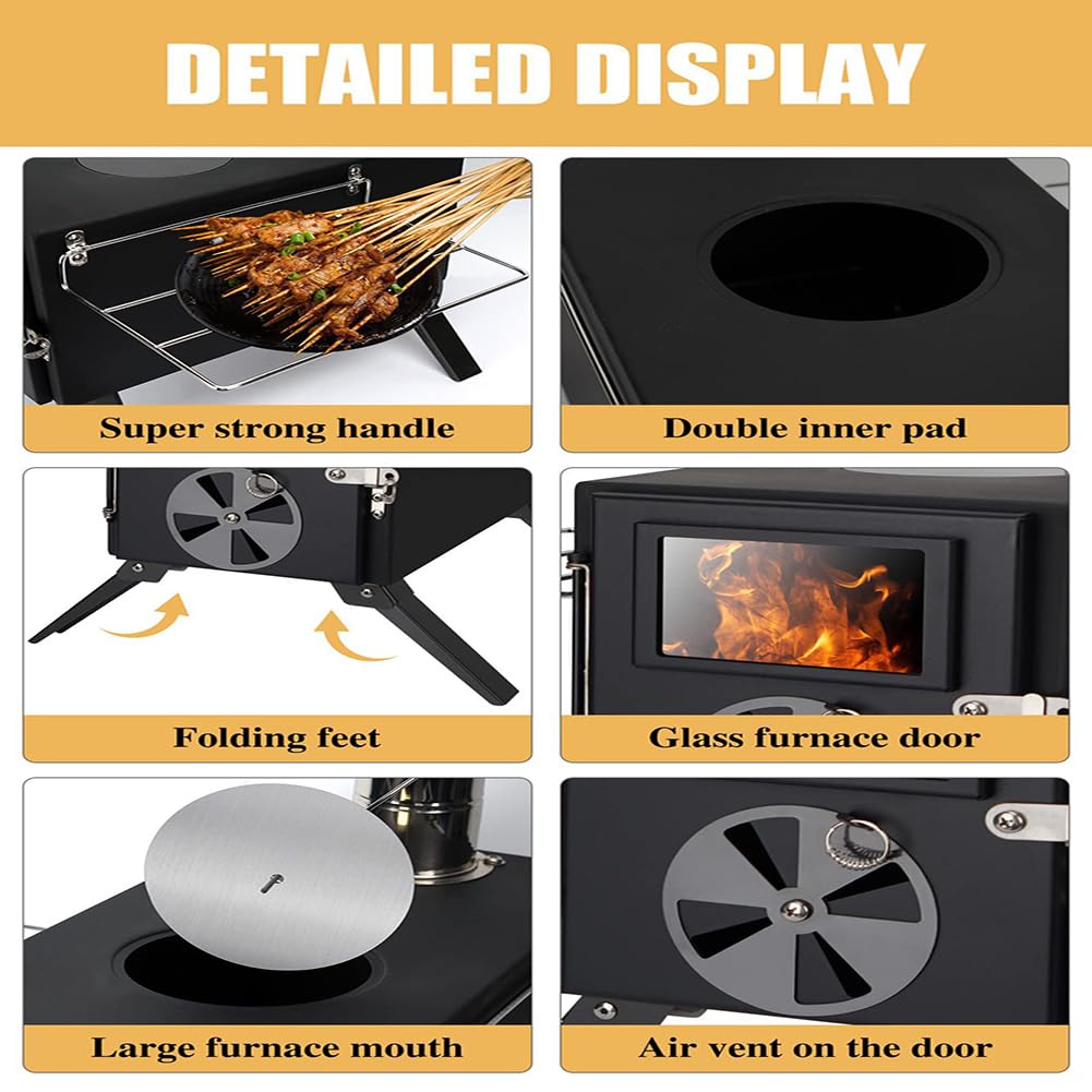 Wood Burning Stove with 7 Section Chimney Pipes, Portable Wood